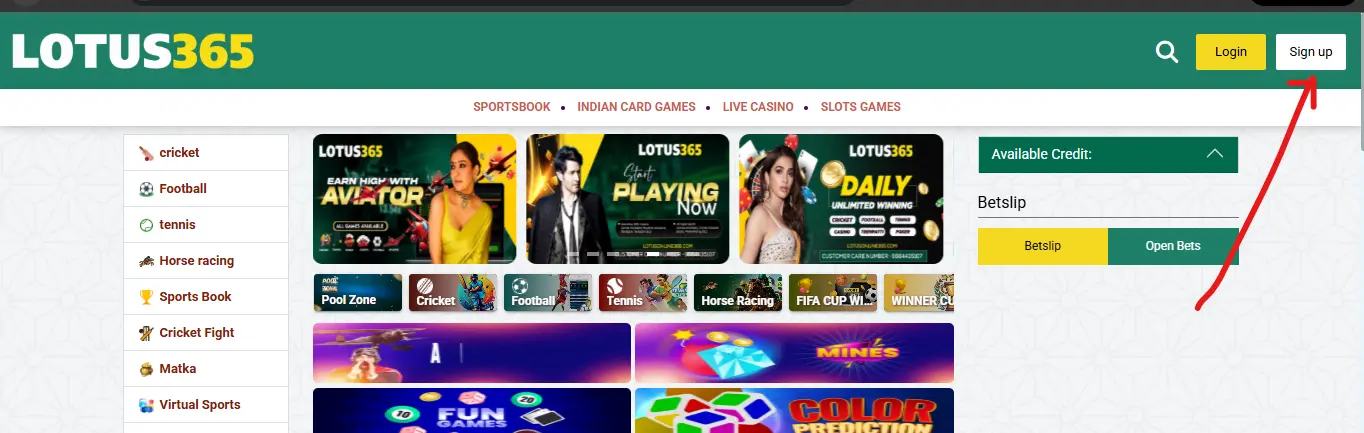 Where to find the Lotus365 sign up button on the platform homepage